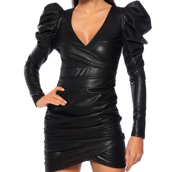 Callie Lives Xena Black: Puff Shoulder Faux Wrap Leather Ruched Mini Dress M - Picture 2 of 7